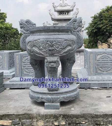 Mẫu lư hương đá xanh tròn tai đầu rồng đẹp