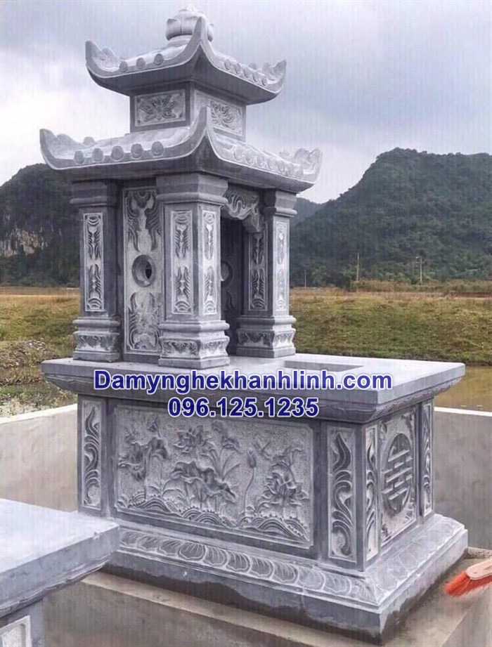 Mẫu mộ đá hai mái hoa văn chạm sen đẹp xuất sắc