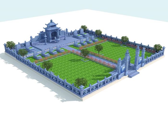 Mẫu khu lăng mộ đá dòng họ đẹp có khuôn viên cây xanh phong thủy